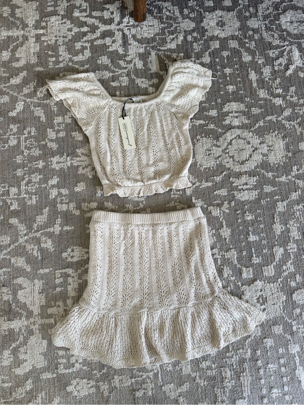 Women's Cream Knit Ruffle Mini Skirt and crop top set 2 piece set